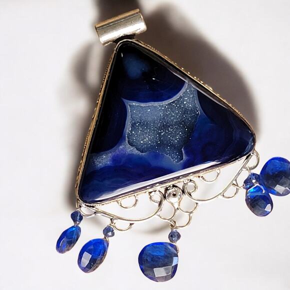 Blue Agate Sterling Silver Pendant with Dangle Beads and 20-Inch Chain - Picture 9 of 9